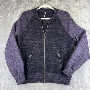 Free People Knit Bomber Jacket Purple Marled Full Zip Pockets Womens M (1407)